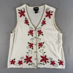 Studio Joy Christmas Poinsettia Embroidered‎ Vest Cardigan XL Red Green Gold